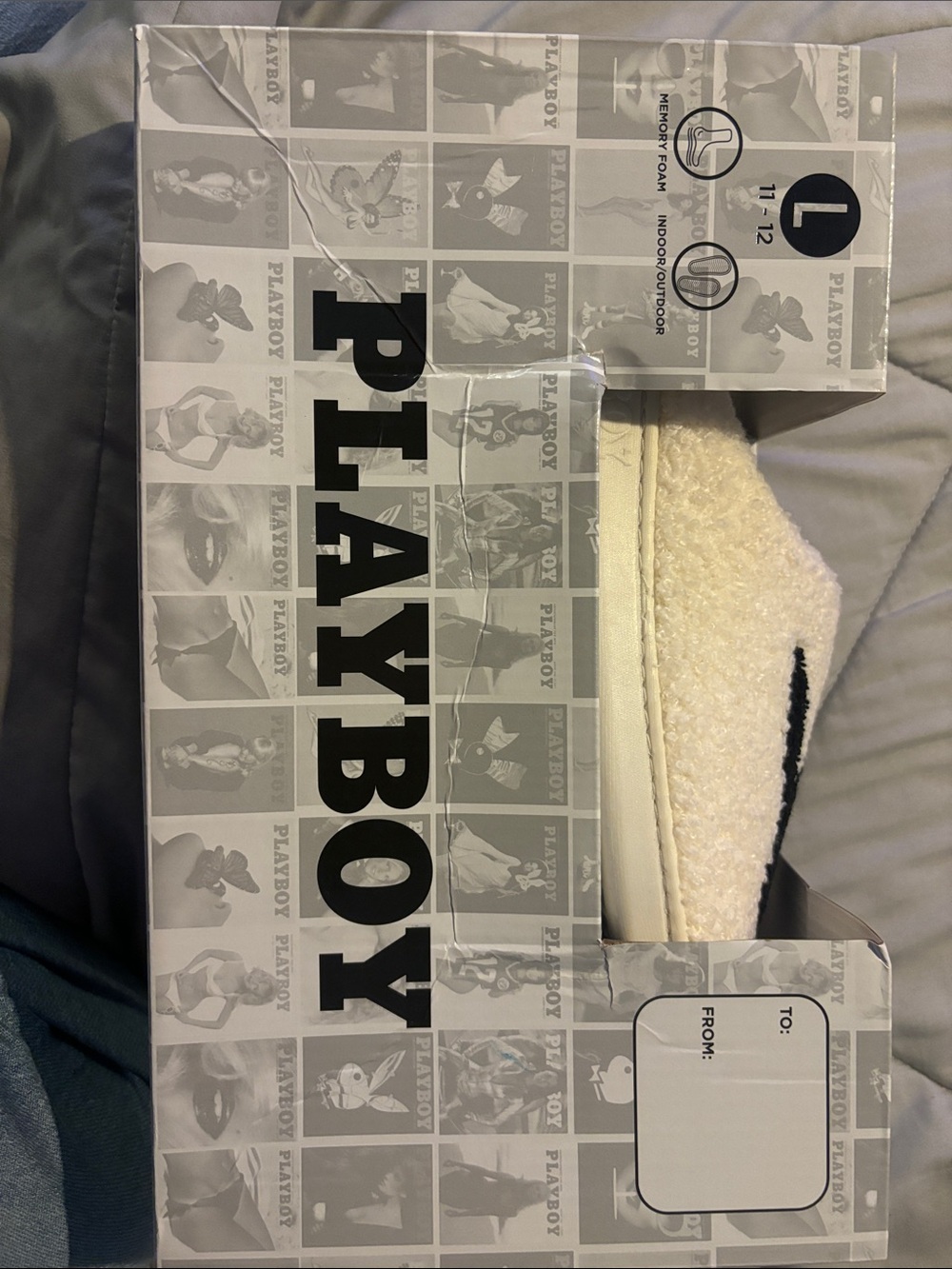 PLAYBOY Cream Fuzzy Slide with Black Logo
